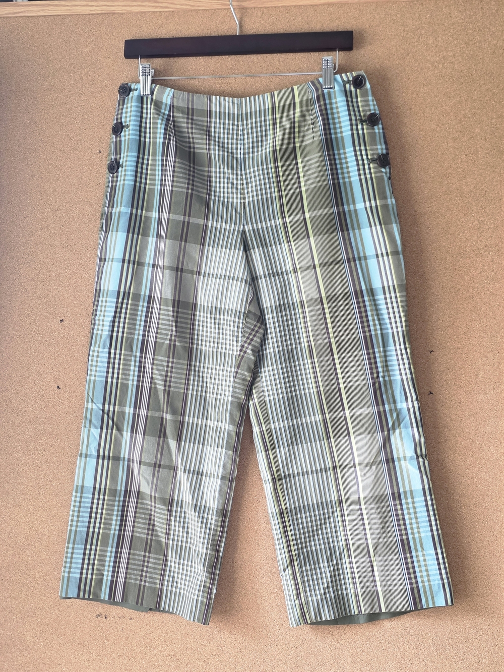 Talbots Petites 8P Plaid Silk Cotton Pants Fully Lined, Side Buttons Cropped
